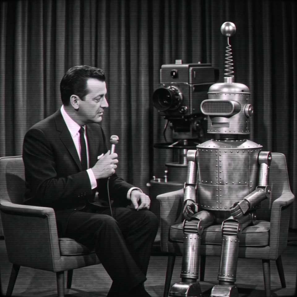 A vintage television interview between a presenter and a robot